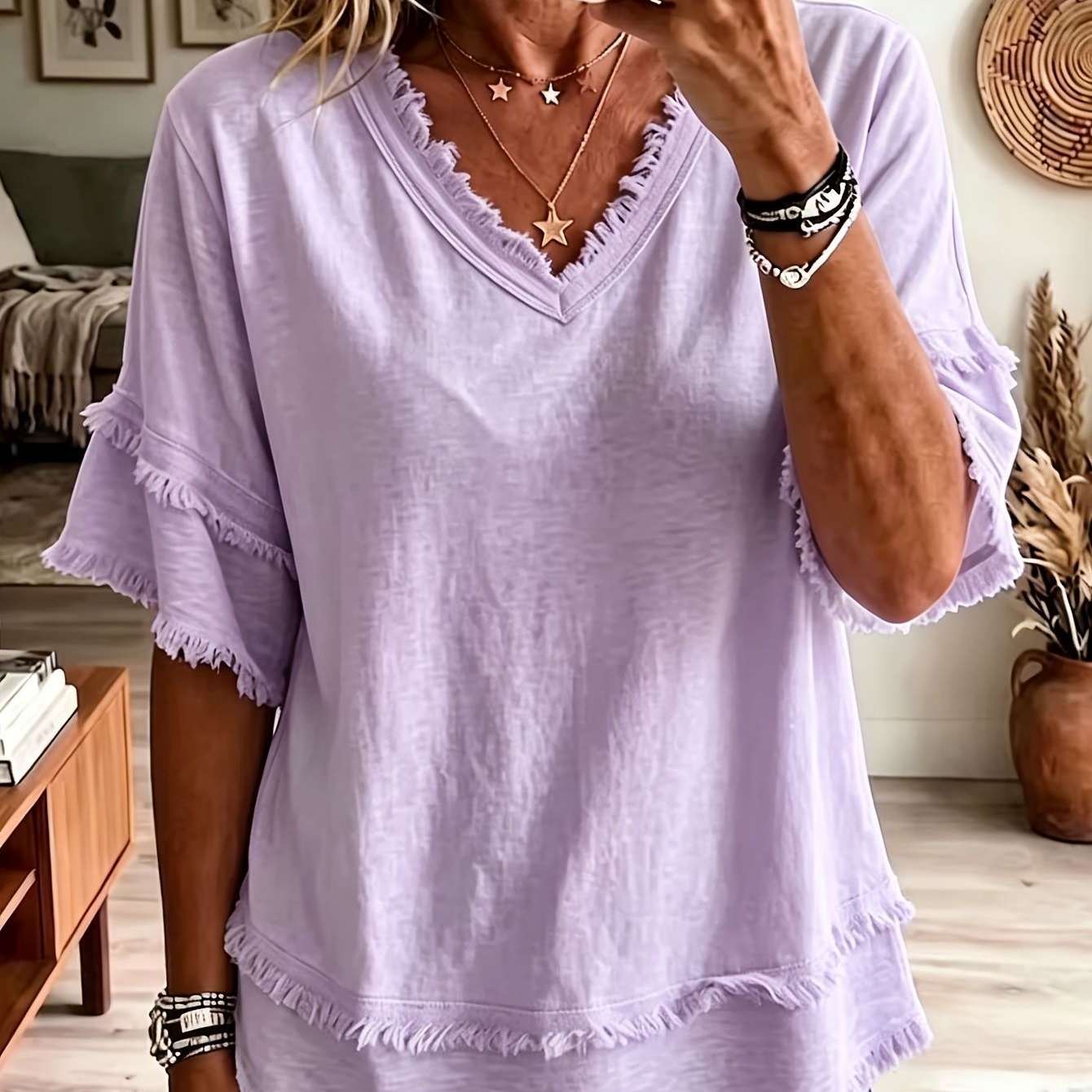Casual Women's Shirt V-Neck Short Sleeve Loose Fit Pure Color Summer Fashion Trend
