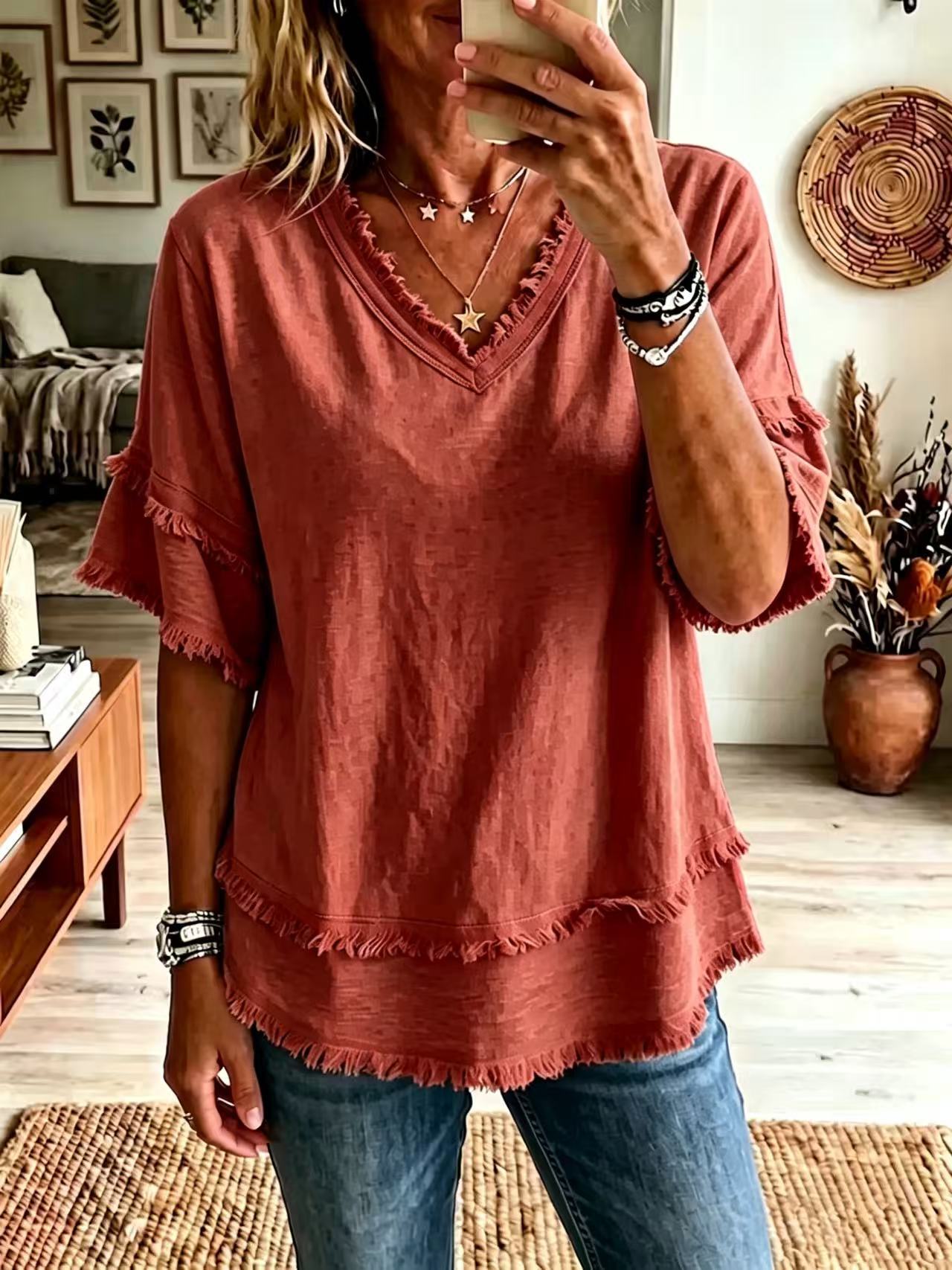 Casual Women's Shirt V-Neck Short Sleeve Loose Fit Pure Color Summer Fashion Trend