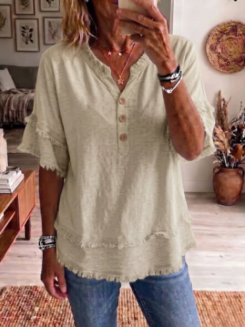 Casual Women's Shirt V-Neck Short Sleeve Loose Fit Pure Color Summer Fashion Trend