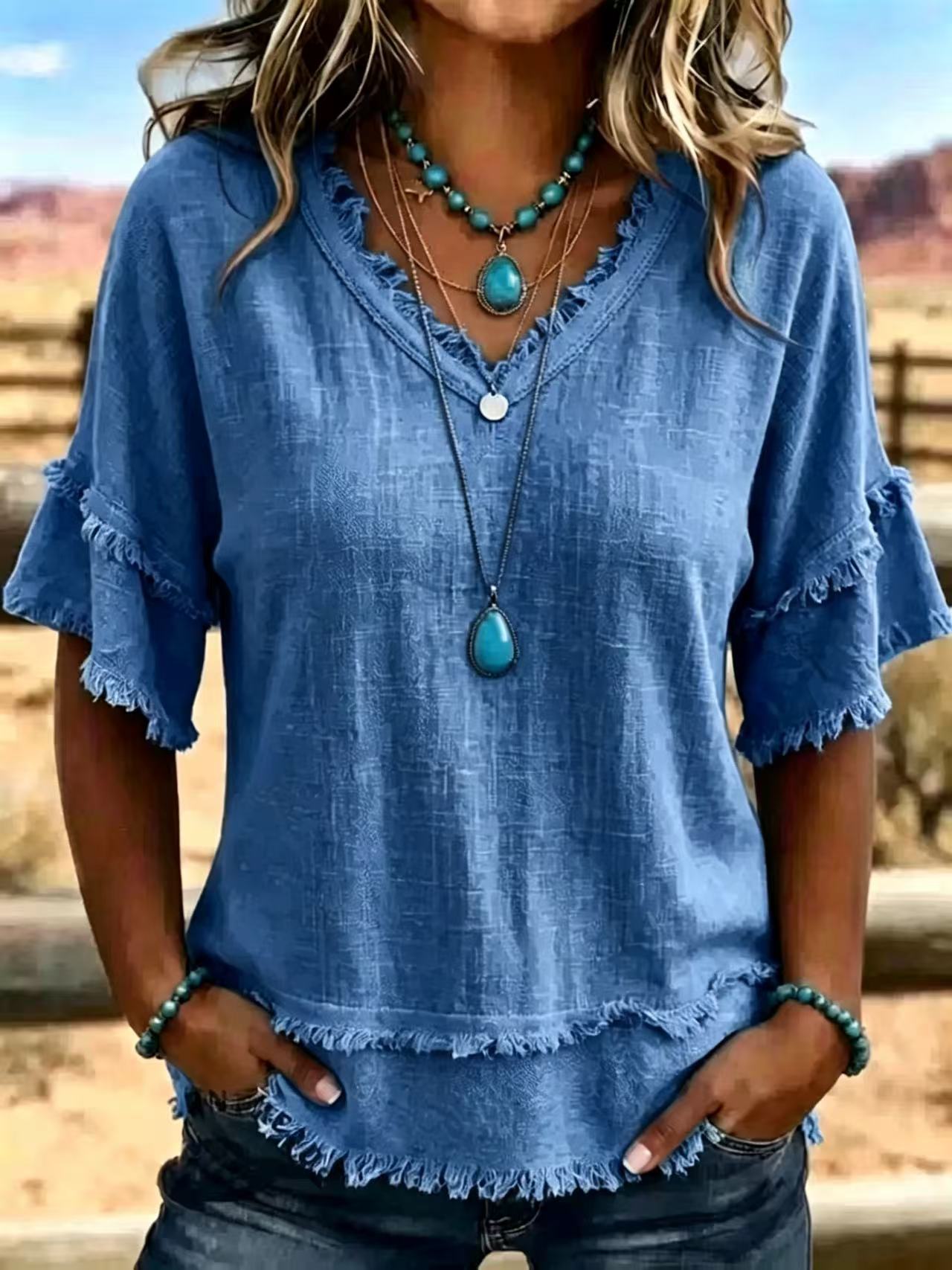 Casual Women's Shirt V-Neck Short Sleeve Loose Fit Pure Color Summer Fashion Trend