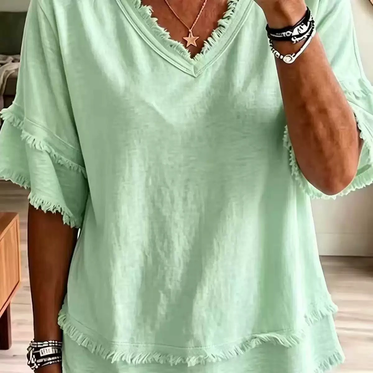 Casual Women's Shirt V-Neck Short Sleeve Loose Fit Pure Color Summer Fashion Trend