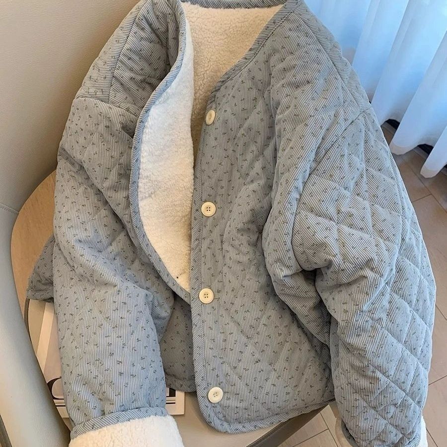 Chic Korean-style Corduroy Cotton Coat With A Round Neck And A Youthful Floral Print