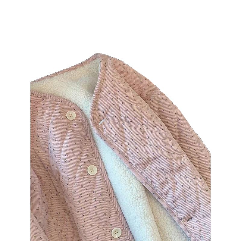Chic Korean-style Corduroy Cotton Coat With A Round Neck And A Youthful Floral Print