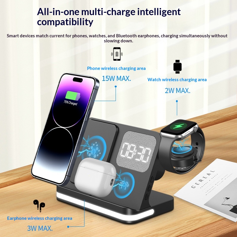 Wecker kompatibel mit Mobiltelefonen, Smartwatches, Kopfhörern und kabellosen Ladegeräten