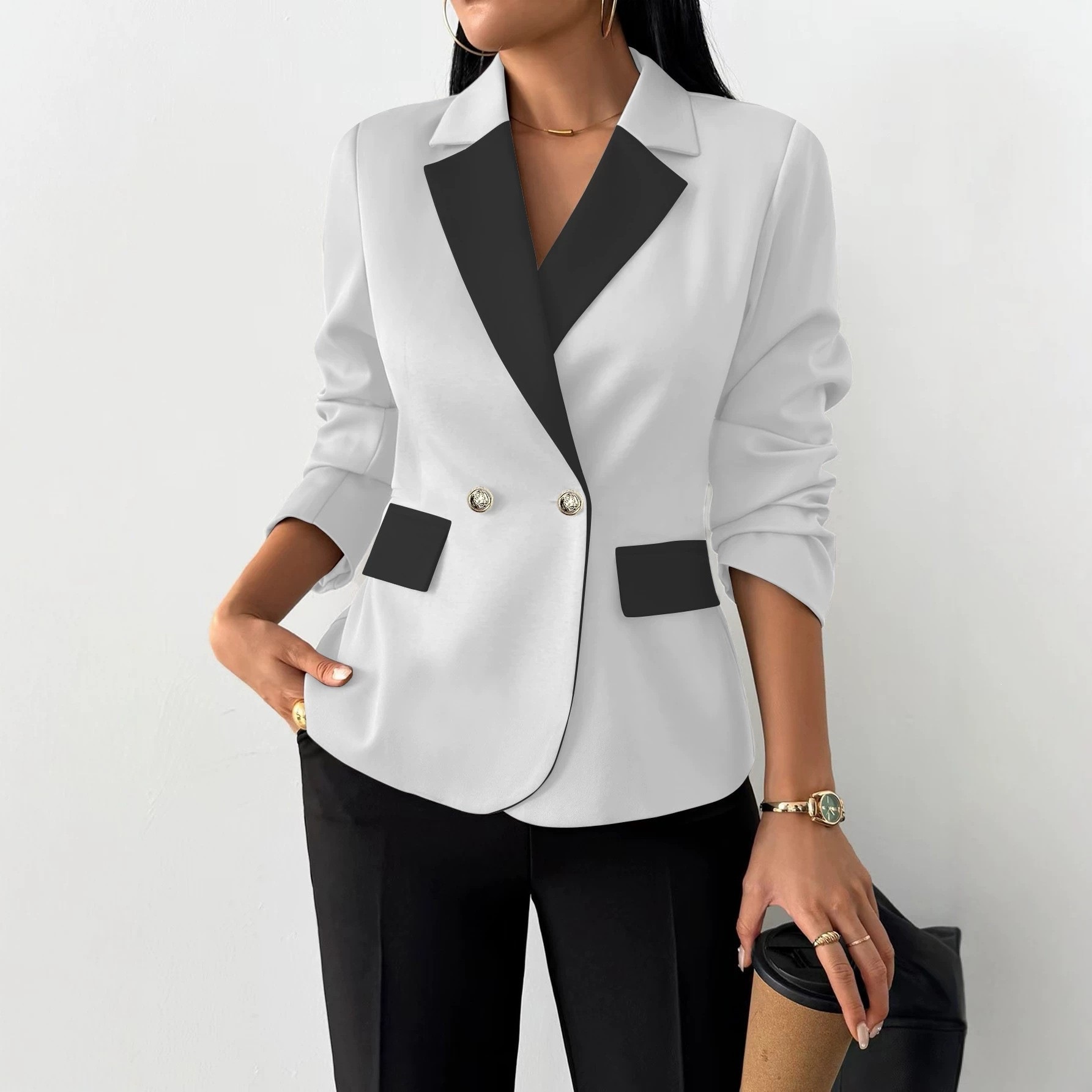 Contrast Color Long-sleeve Lapel Jacket With Two Horizontal Buttons, Women's Blazer