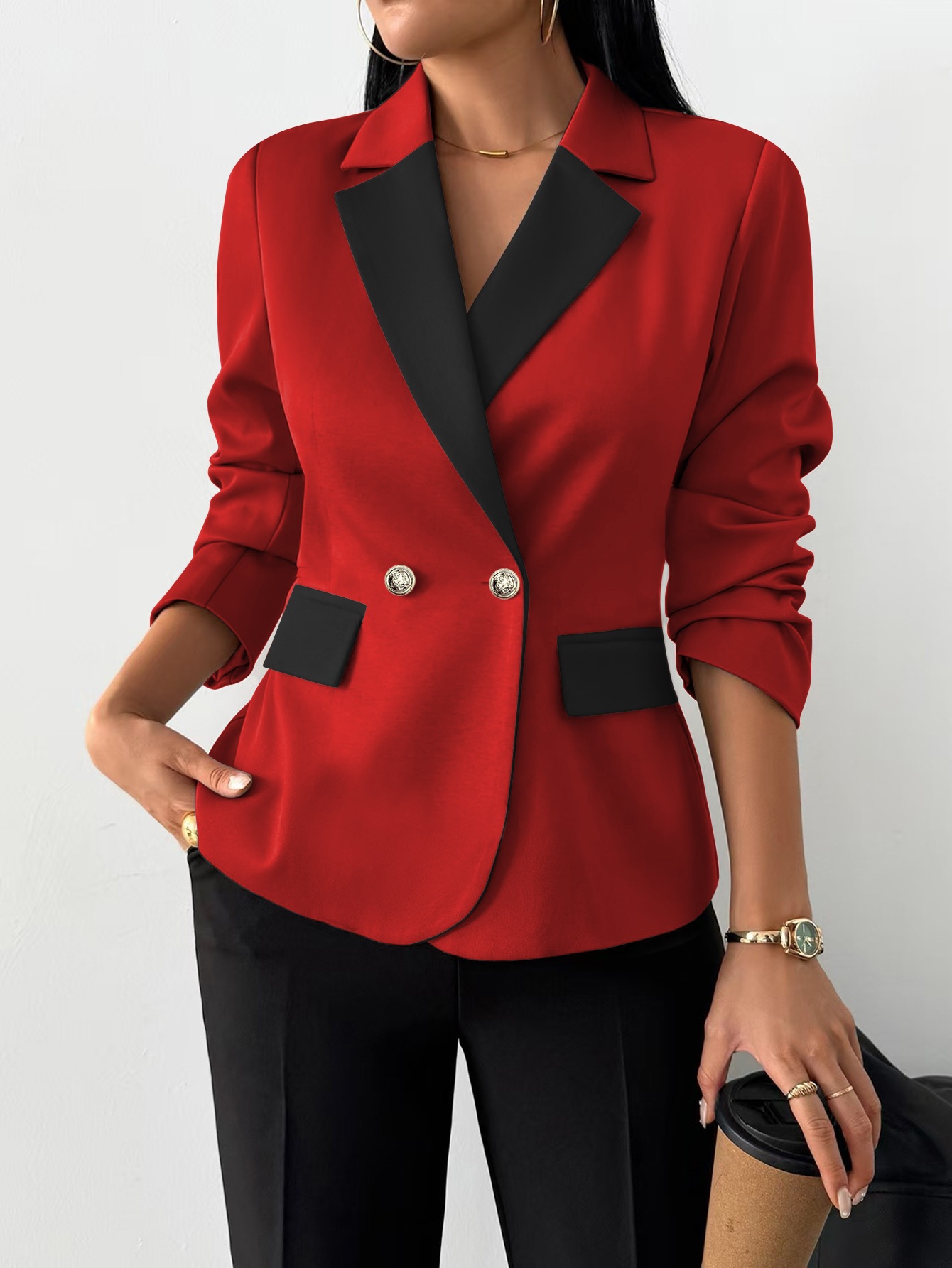 Contrast Color Long-sleeve Lapel Jacket With Two Horizontal Buttons, Women's Blazer