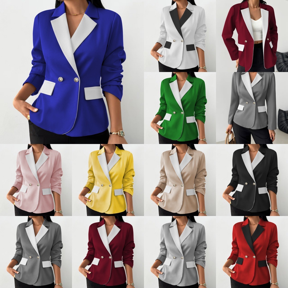 Contrast Color Long-sleeve Lapel Jacket With Two Horizontal Buttons, Women's Blazer