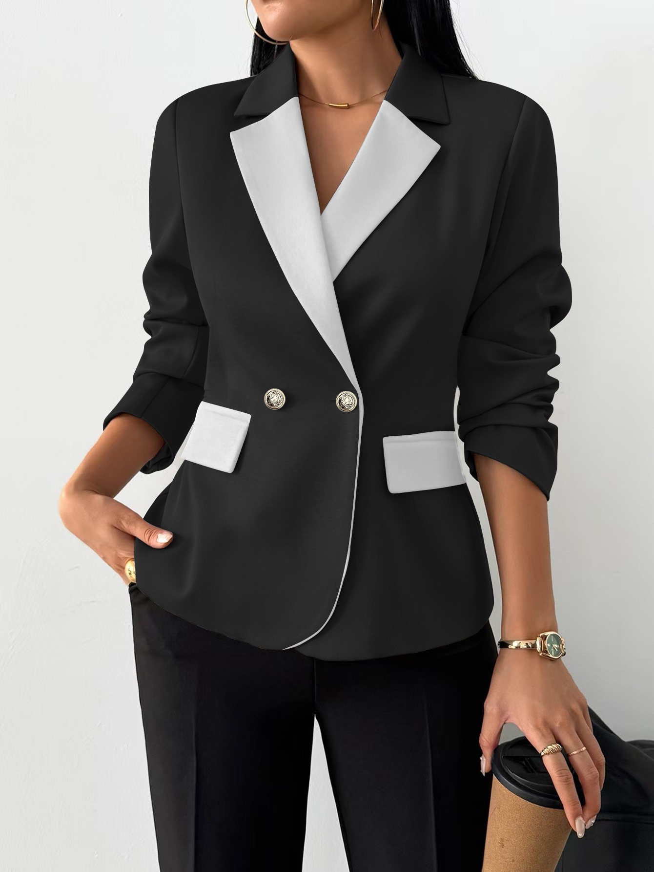 Contrast Color Long-sleeve Lapel Jacket With Two Horizontal Buttons, Women's Blazer
