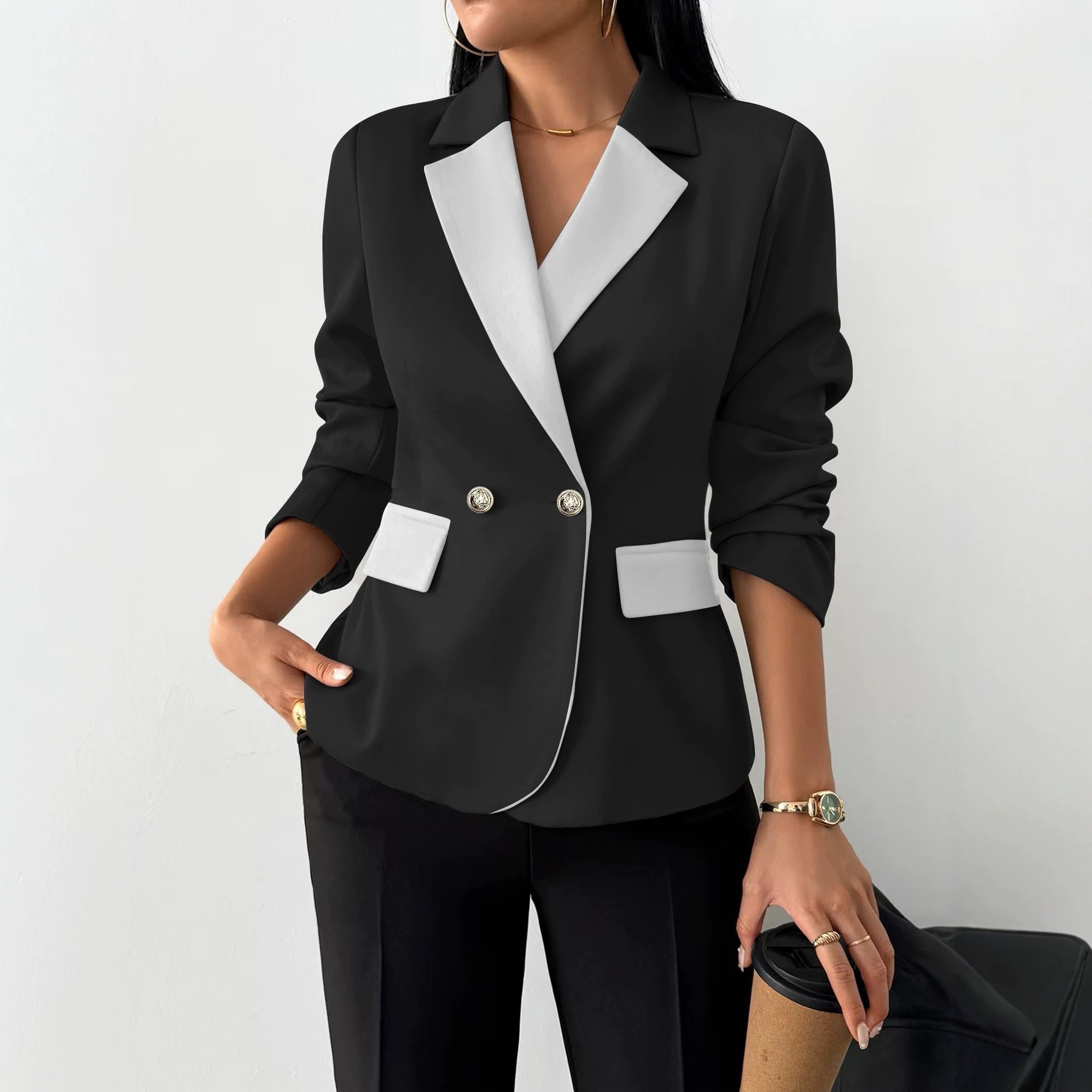 Contrast Color Long-sleeve Lapel Jacket With Two Horizontal Buttons, Women's Blazer