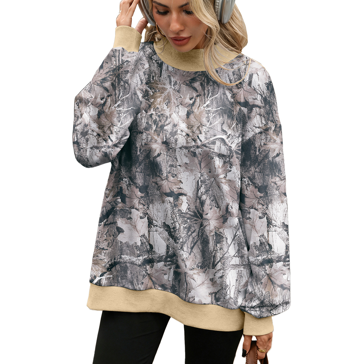 Contrast-color Ribbed High-neck Loose Long-sleeved Sweatshirt