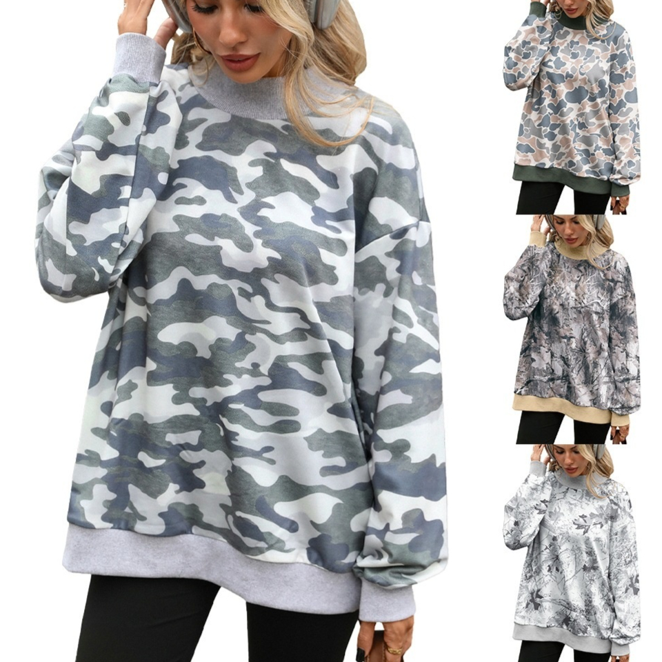 Contrast-color Ribbed High-neck Loose Long-sleeved Sweatshirt