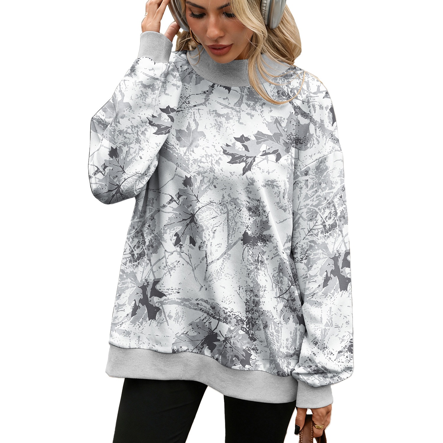 Contrast-color Ribbed High-neck Loose Long-sleeved Sweatshirt