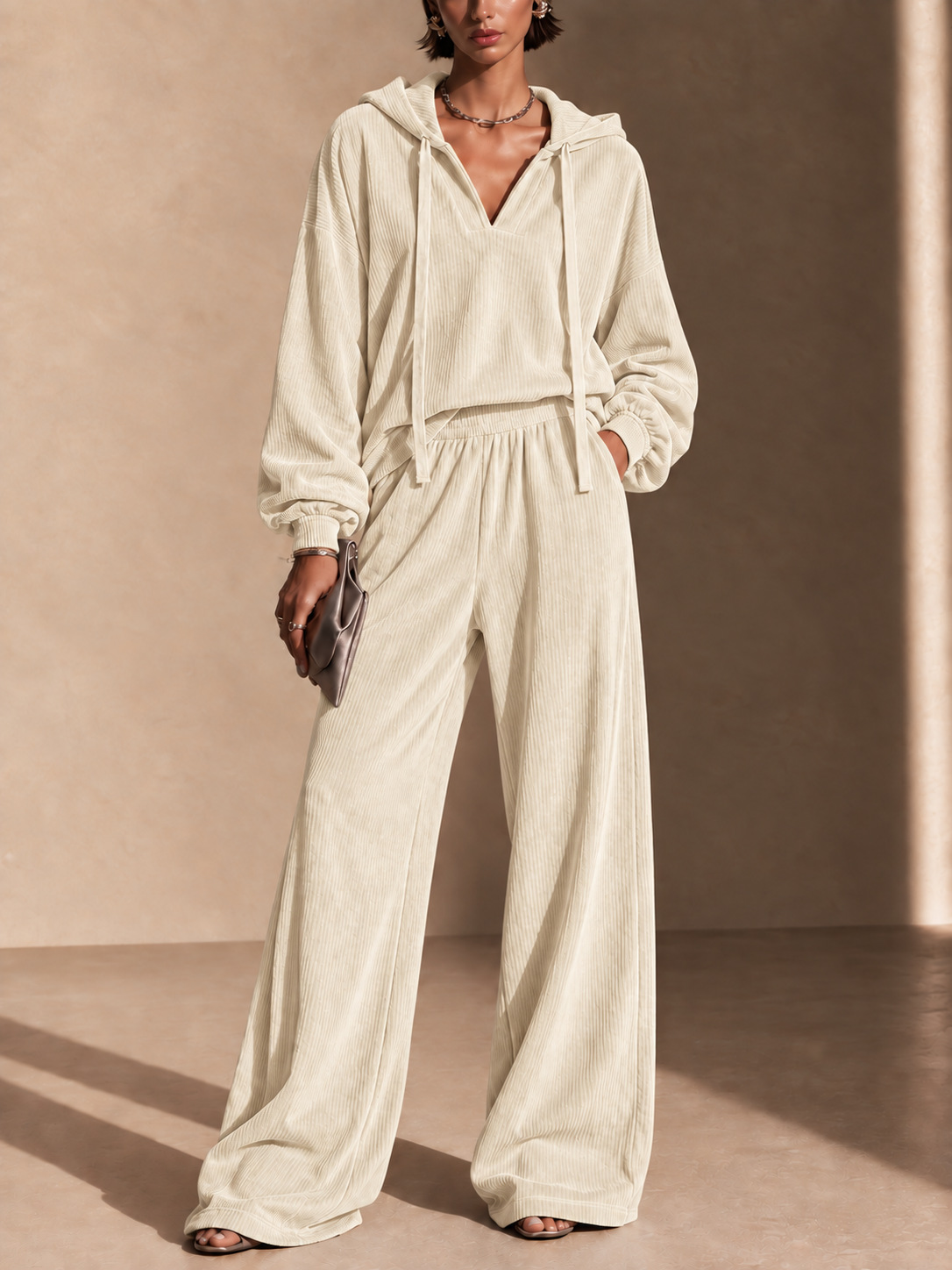 Corduroy Hooded V-neck Long-sleeve Top And Wide-leg Pants Set