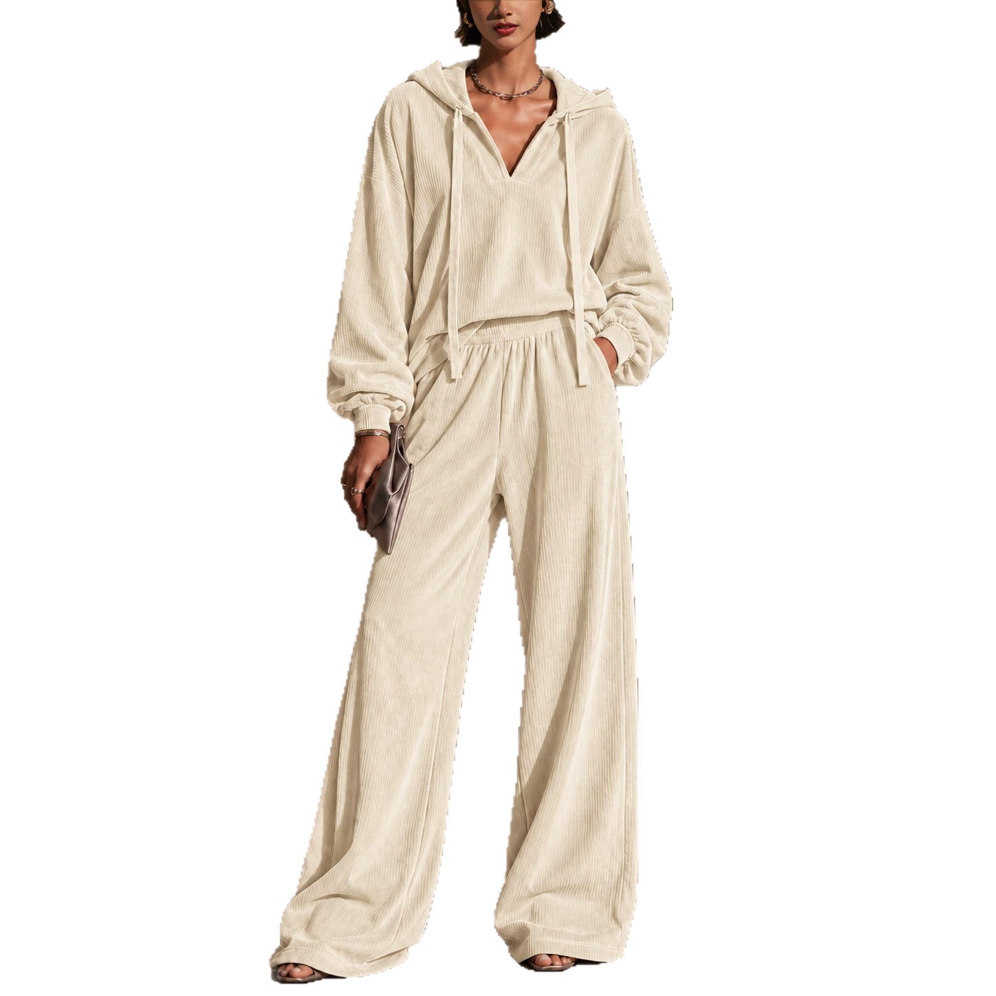 Corduroy Hooded V-neck Long-sleeve Top And Wide-leg Pants Set