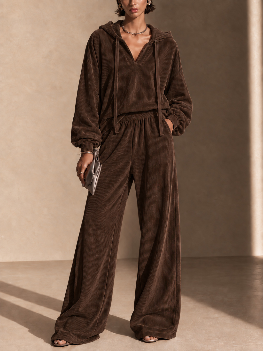 Corduroy Hooded V-neck Long-sleeve Top And Wide-leg Pants Set