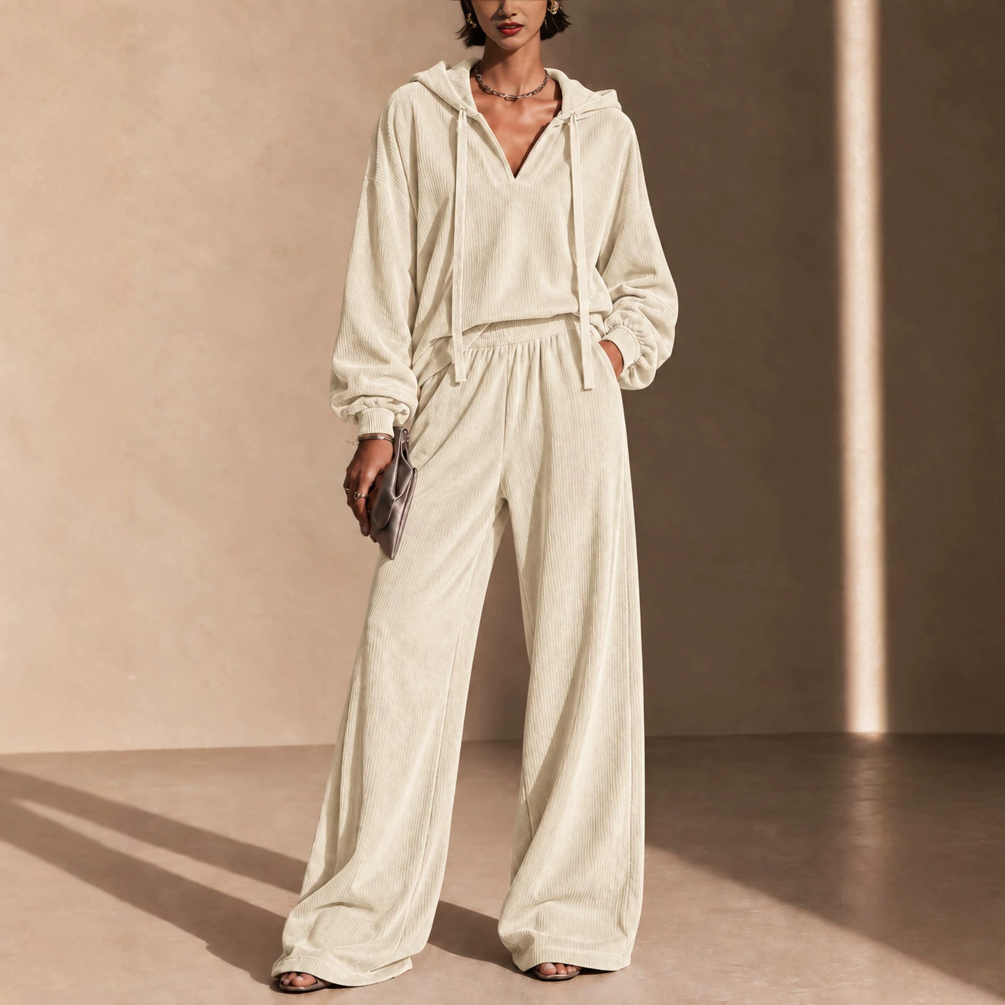 Corduroy Hooded V-neck Long-sleeve Top And Wide-leg Pants Set