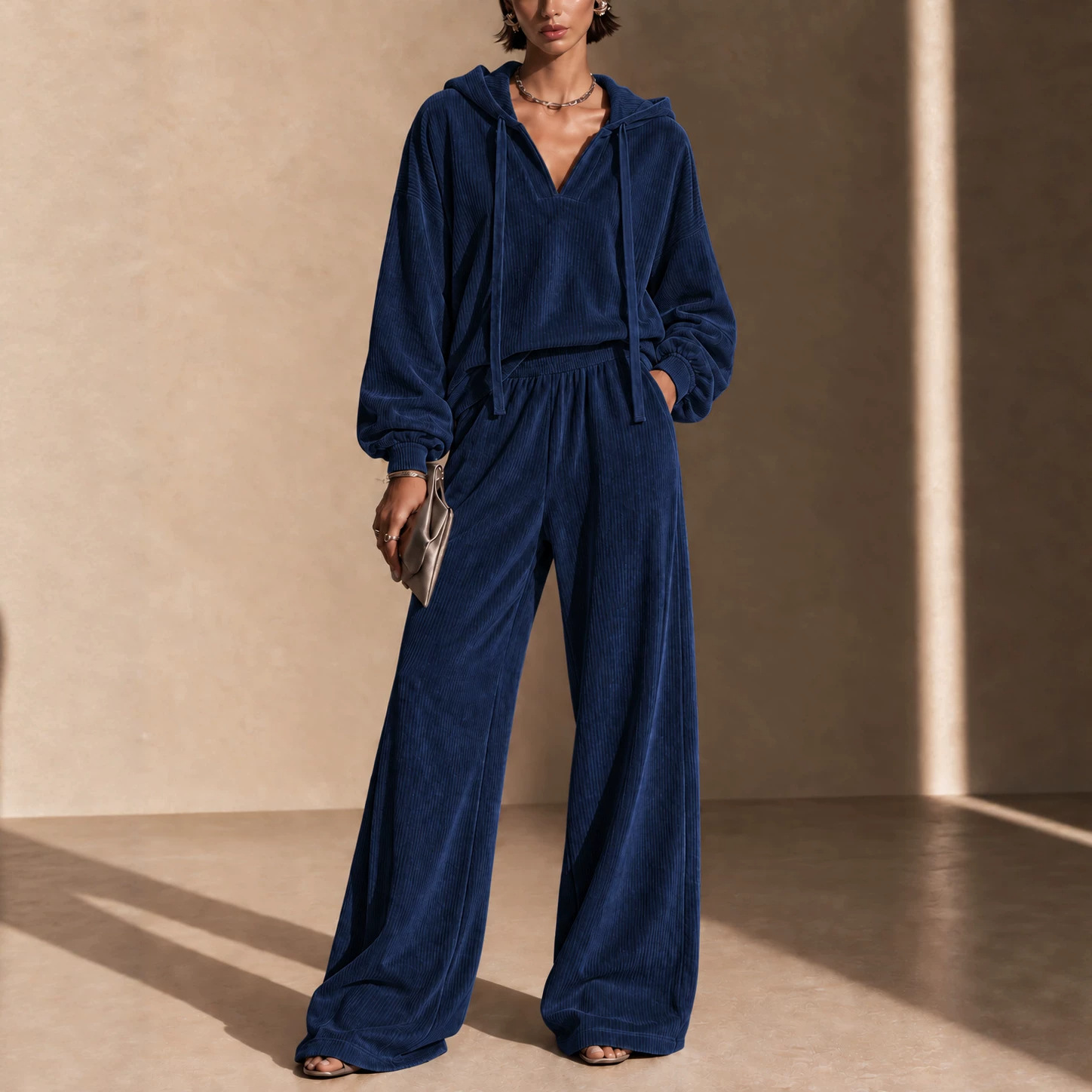 Corduroy Hooded V-neck Long-sleeve Top And Wide-leg Pants Set
