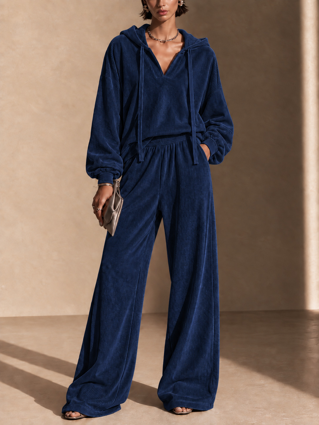 Corduroy Hooded V-neck Long-sleeve Top And Wide-leg Pants Set