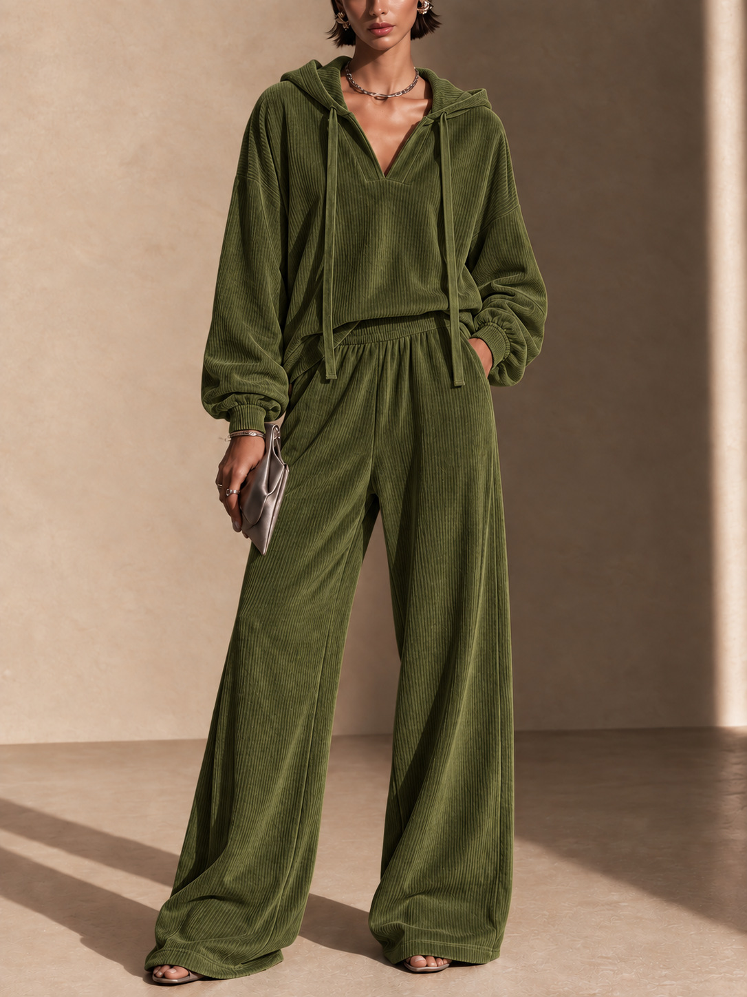 Corduroy Hooded V-neck Long-sleeve Top And Wide-leg Pants Set