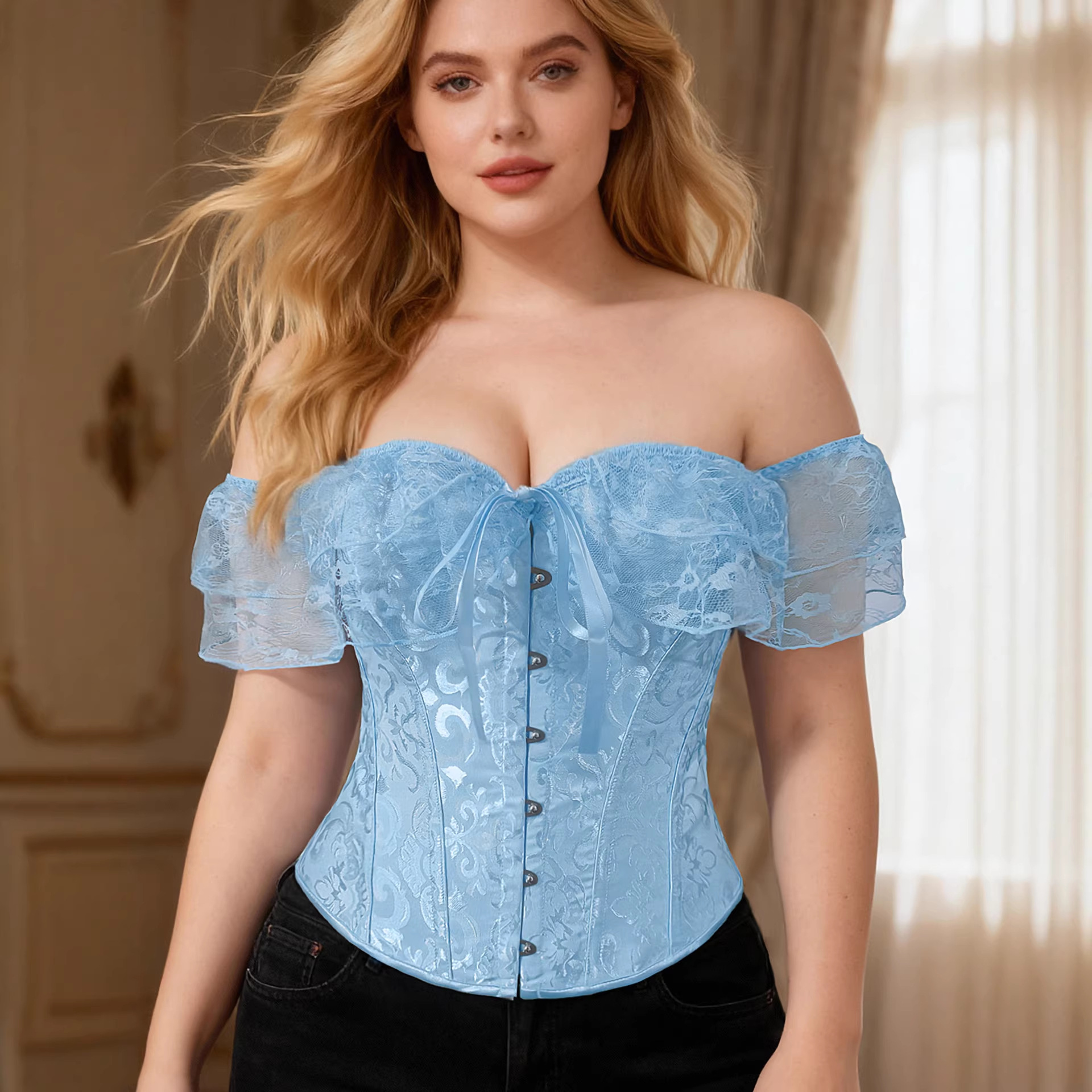 Court-style Lace Sexy Corset Dress With Boned Bodice, Slim Fit, Off-shoulder