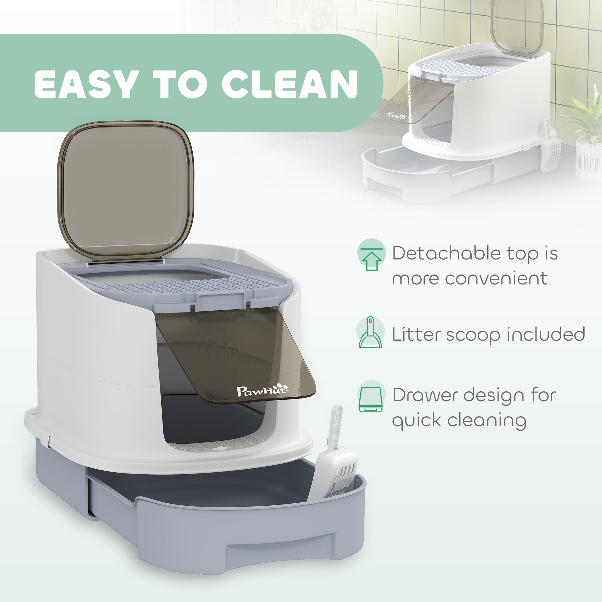 Covered Cat Litter Box with Lid, Drawer, Scoop, Top Entry, Deodorizing Bags, Odor Control