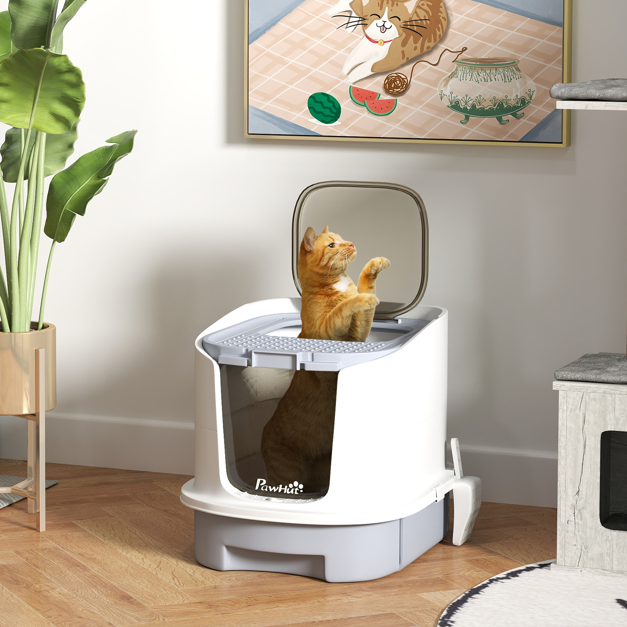 Covered Cat Litter Box with Lid, Drawer, Scoop, Top Entry, Deodorizing Bags, Odor Control