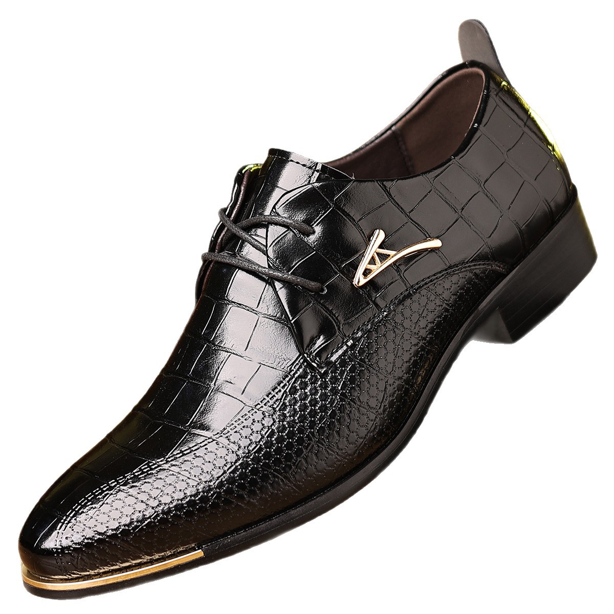 Crocodile Pattern Embossed Men's Business Leather Shoes, Pointed Toe, Lace-Up, Glossy