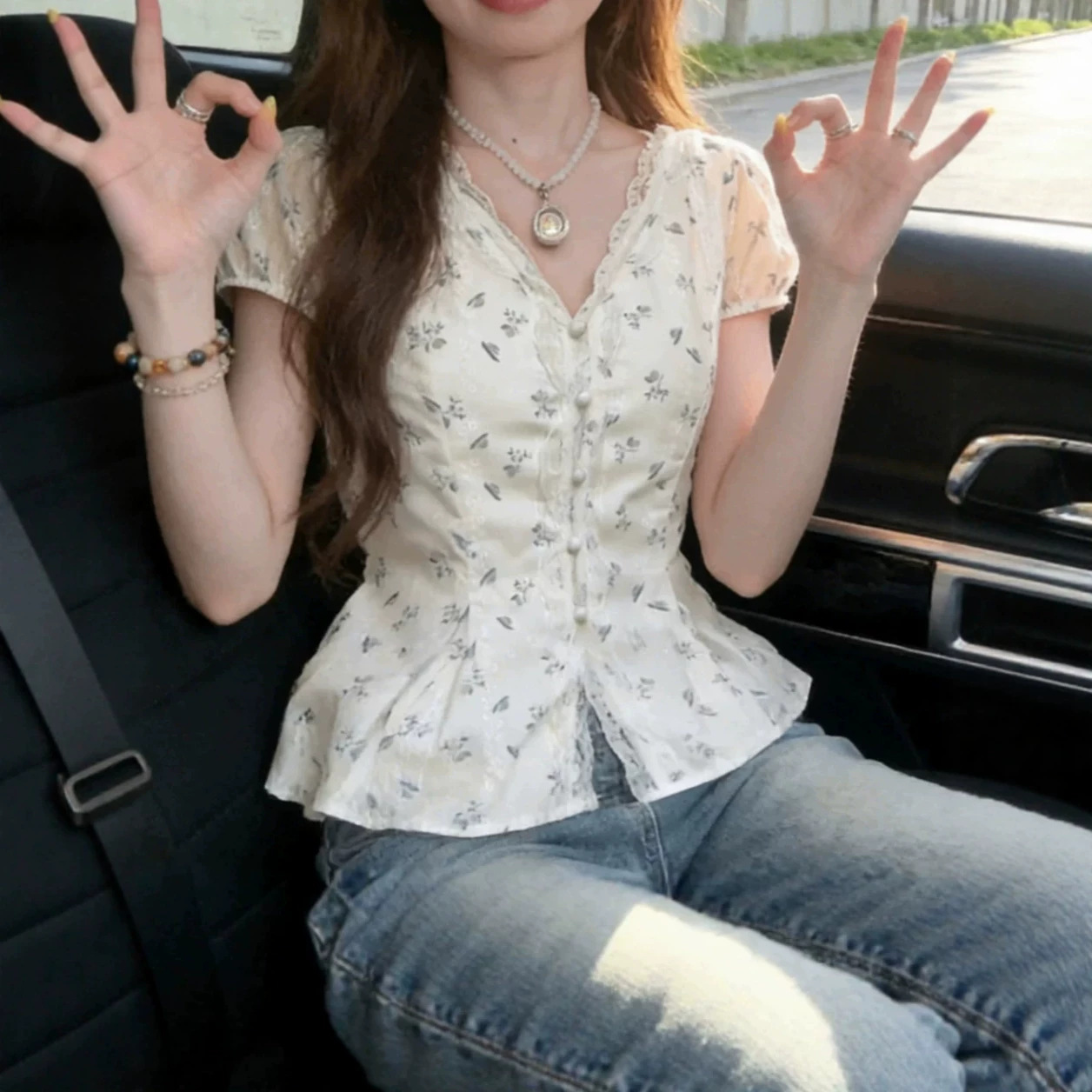 Delicate Lace Trim Floral V-Neck Shirt