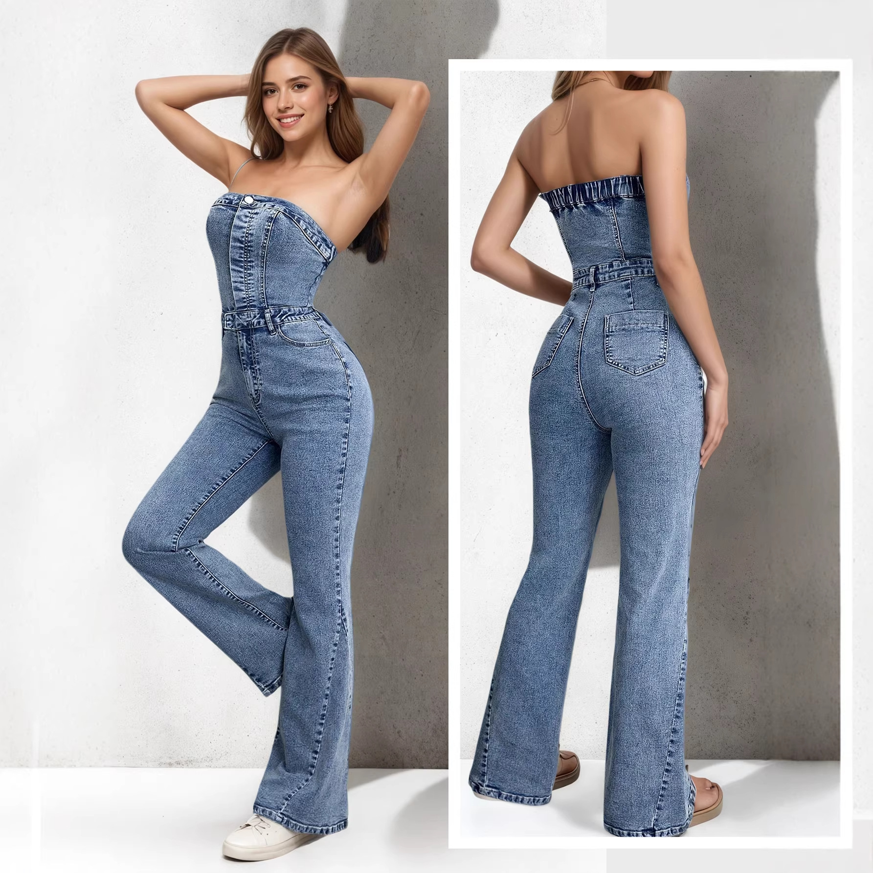 Denim Strapless Jumpsuit European And American Style Vintage Stretchy