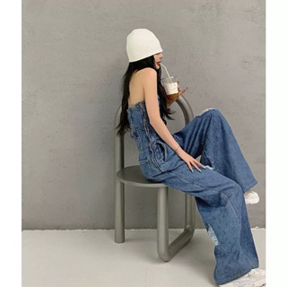 Denim Strapless Jumpsuit European And American Style Vintage Stretchy