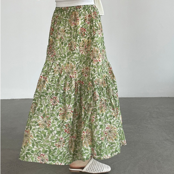 Dopamine Green Floral All-Match Midi Skirt