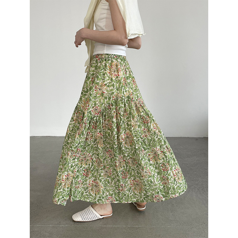 Dopamine Green Floral All-Match Midi Skirt