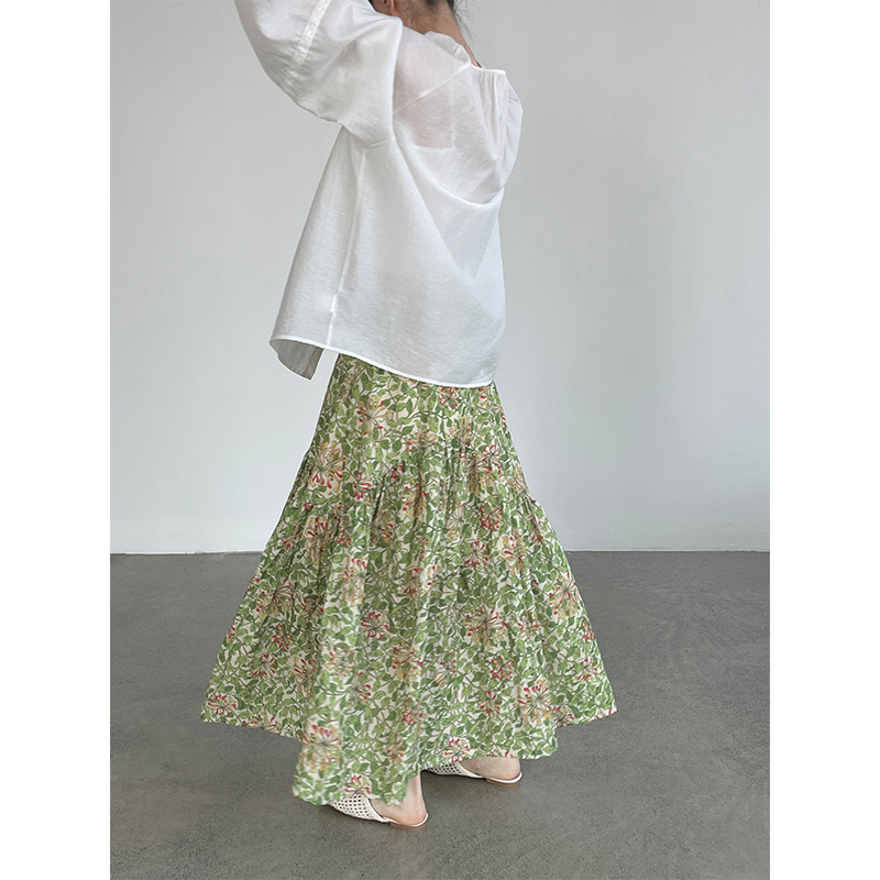 Dopamine Green Floral All-Match Midi Skirt