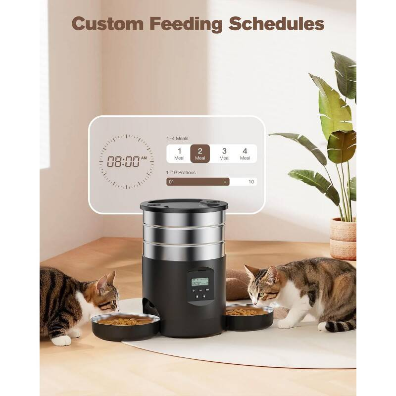 Dual Bowl Automatic Cat Feeder For Two Cats With Stable Anti Slip Design And Programmable
