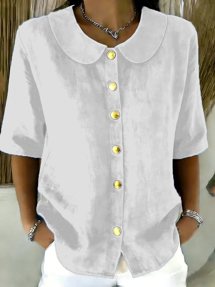 Elegant And Stylish Cotton-Linen Womens Short-Sleeve Shirt With Buttons