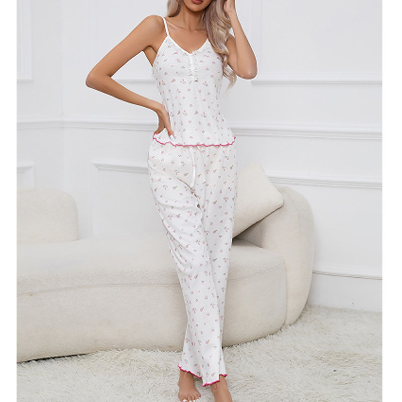 Elegantes Camisole-Lounge-Set mit V-Ausschnitt und Blumendruck und langen Hosen, zweiteilig