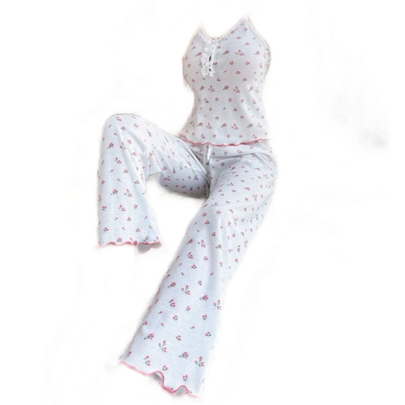 Elegantes Camisole-Lounge-Set mit V-Ausschnitt und Blumendruck und langen Hosen, zweiteilig