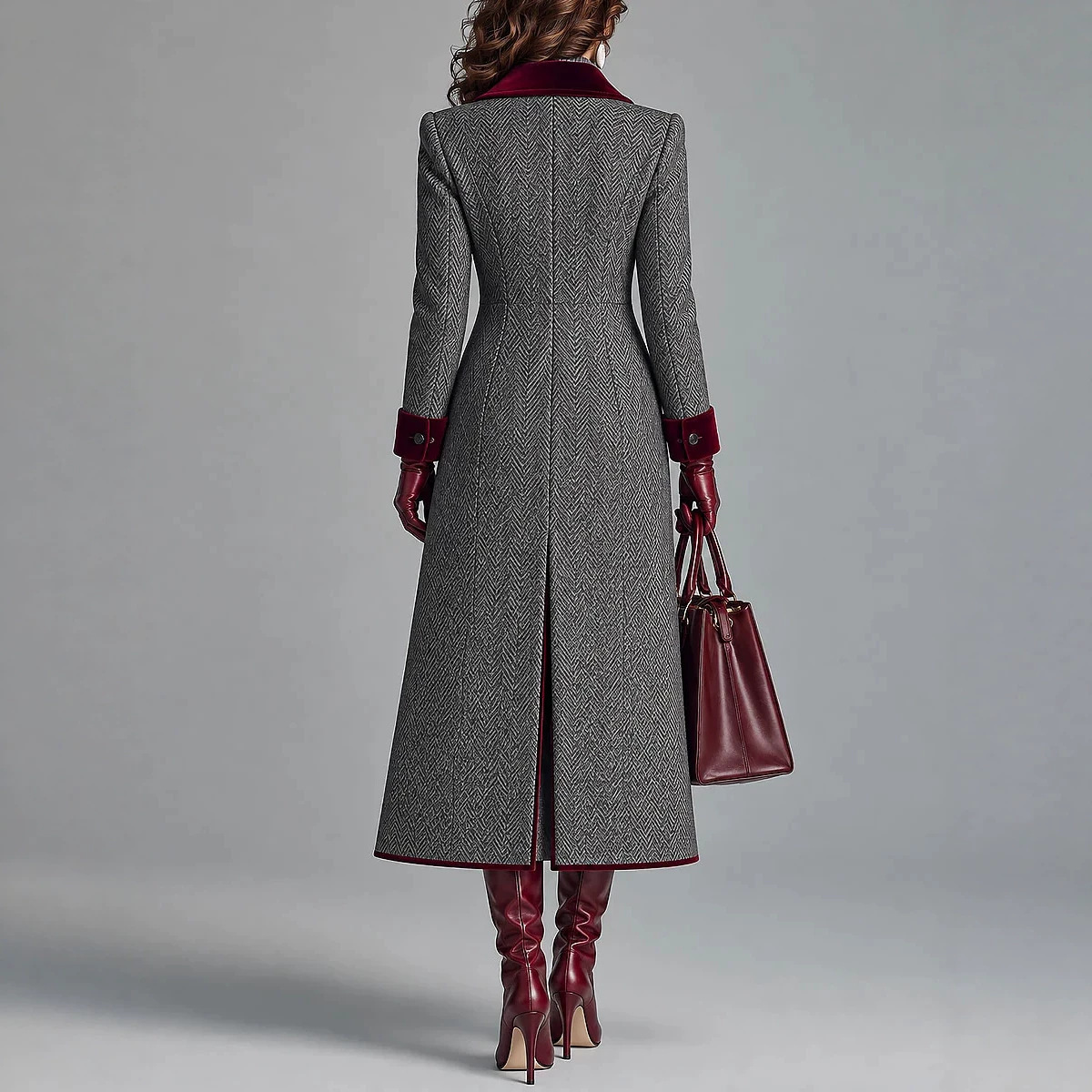 Elegant Fishbone Wool Long-cut Coat
