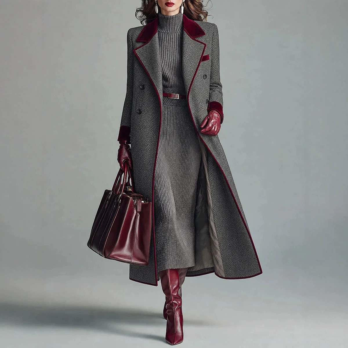 Elegant Fishbone Wool Long-cut Coat