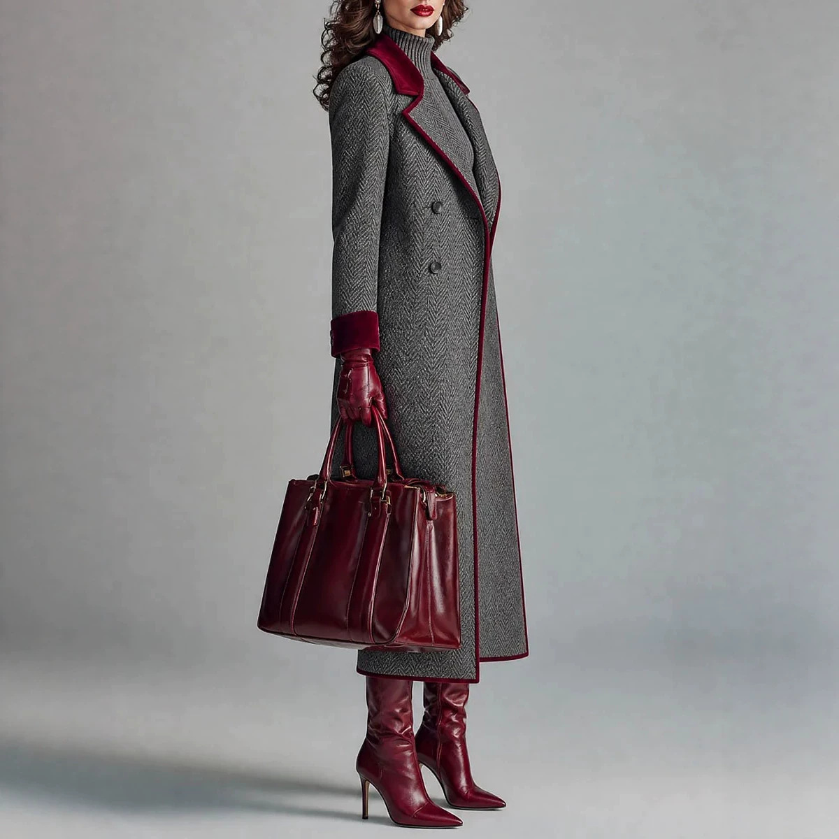 Elegant Fishbone Wool Long-cut Coat