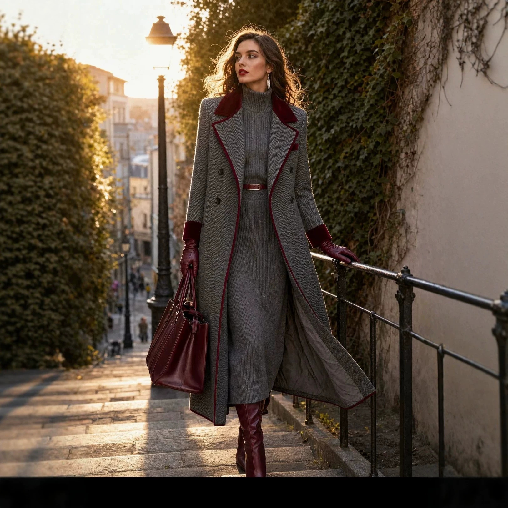 Elegant Fishbone Wool Long-cut Coat