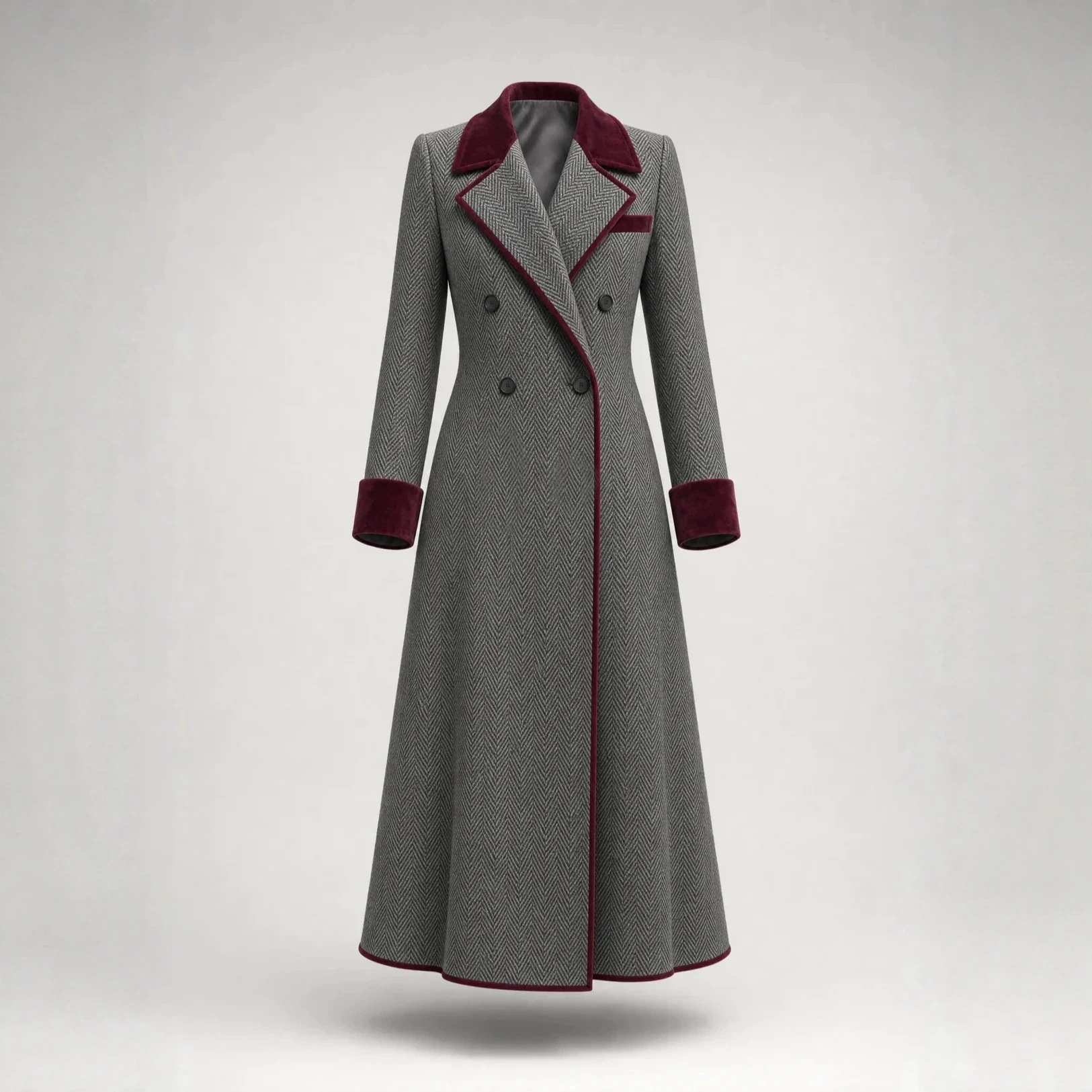 Elegant Fishbone Wool Long-cut Coat