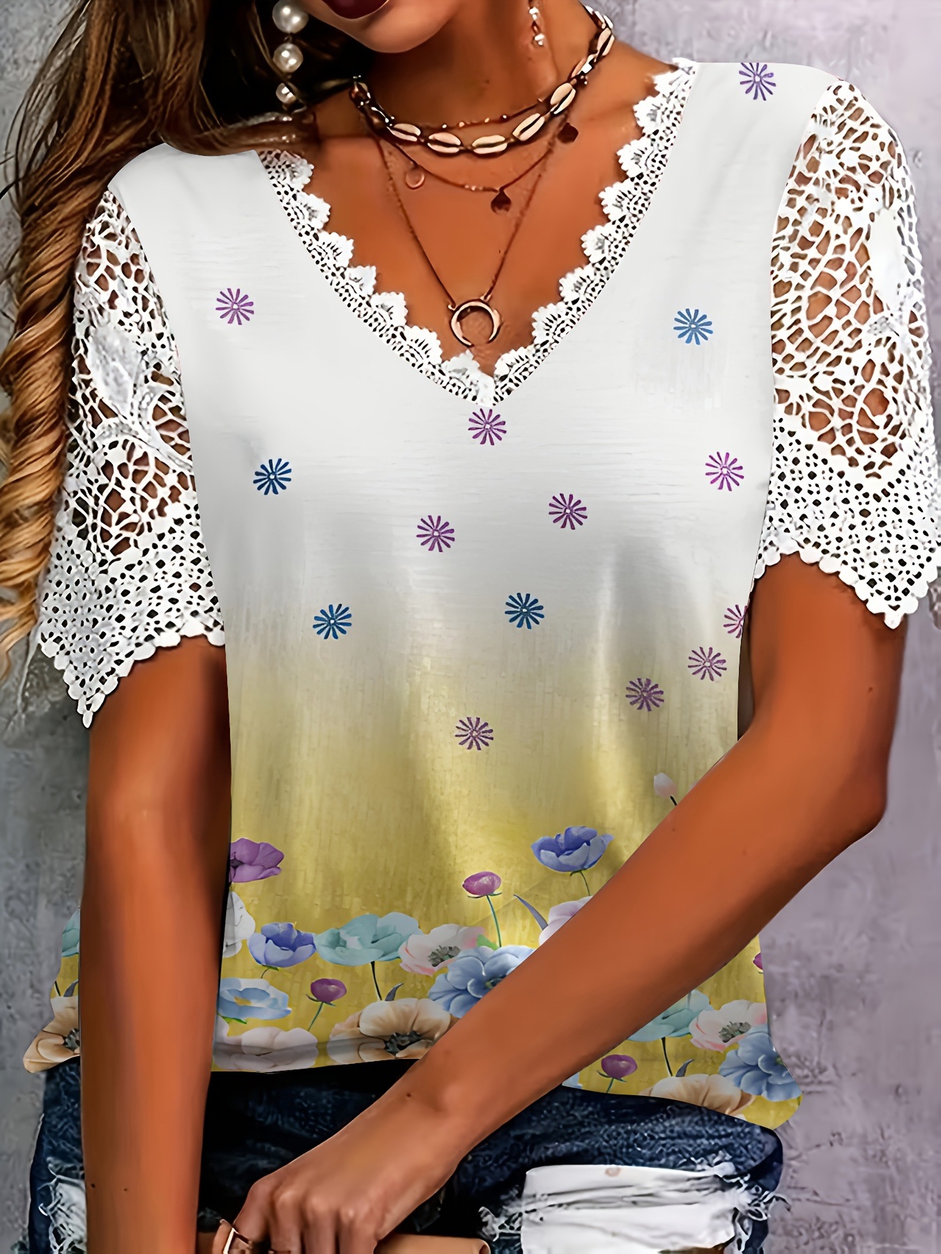 Elegant Lace-Panel Fashion Colorful Butterfly And Floral Print Short-Sleeve T-Shirt