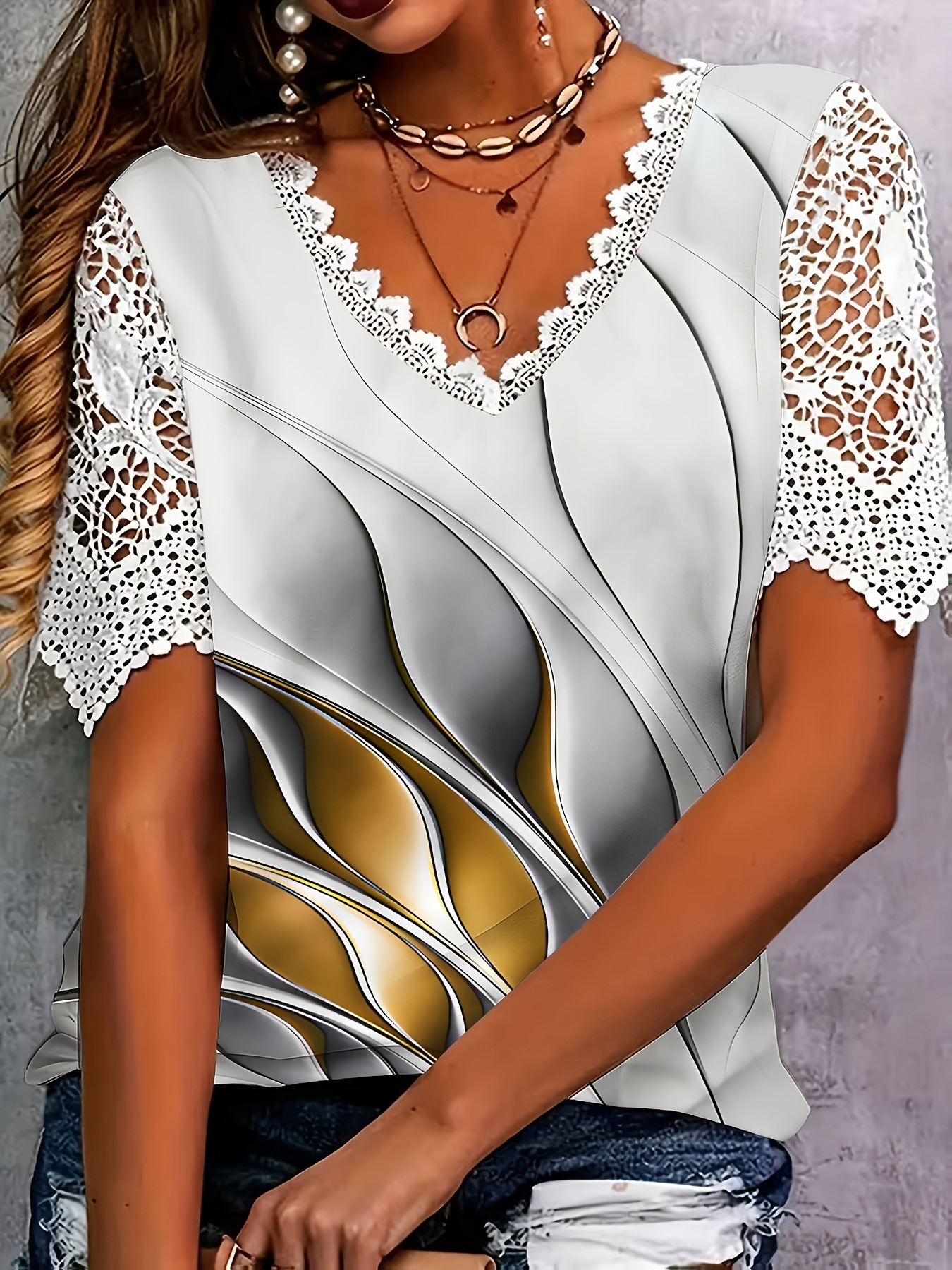 Elegant Lace-Panel Fashion Colorful Butterfly And Floral Print Short-Sleeve T-Shirt