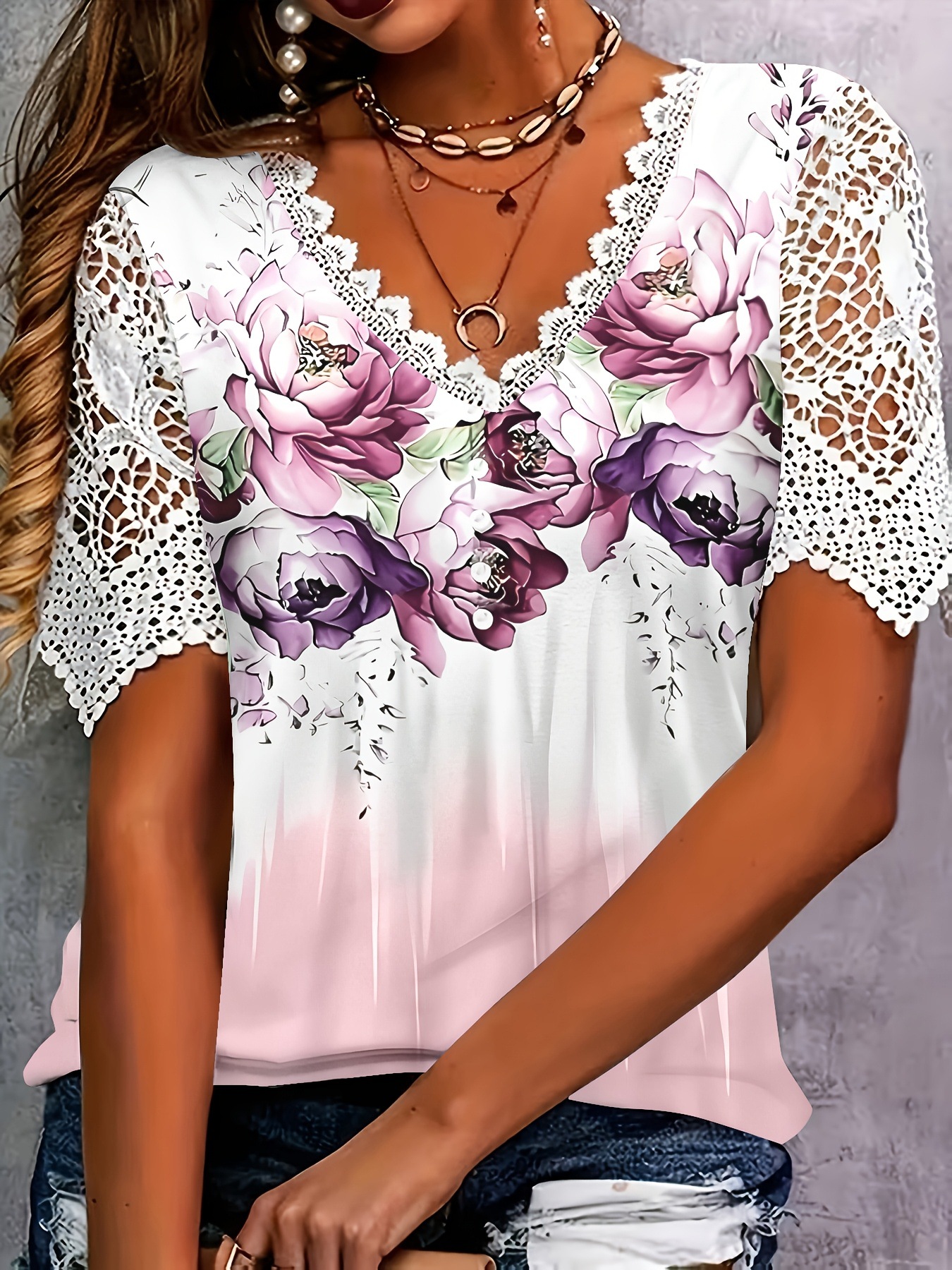 Elegant Lace-Panel Fashion Colorful Butterfly And Floral Print Short-Sleeve T-Shirt