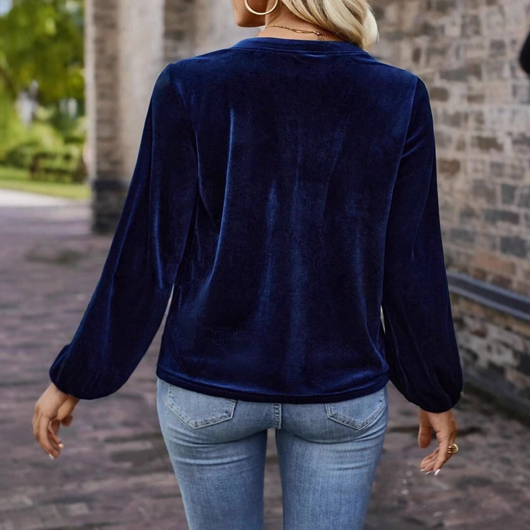 Elegant Long Sleeve Top For Spring & Fall Women's Casual Chic Solid Color Pullover V-Neck