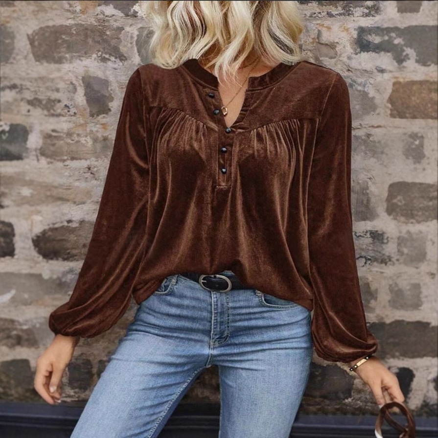 Elegant Long Sleeve Top For Spring & Fall Women's Casual Chic Solid Color Pullover V-Neck