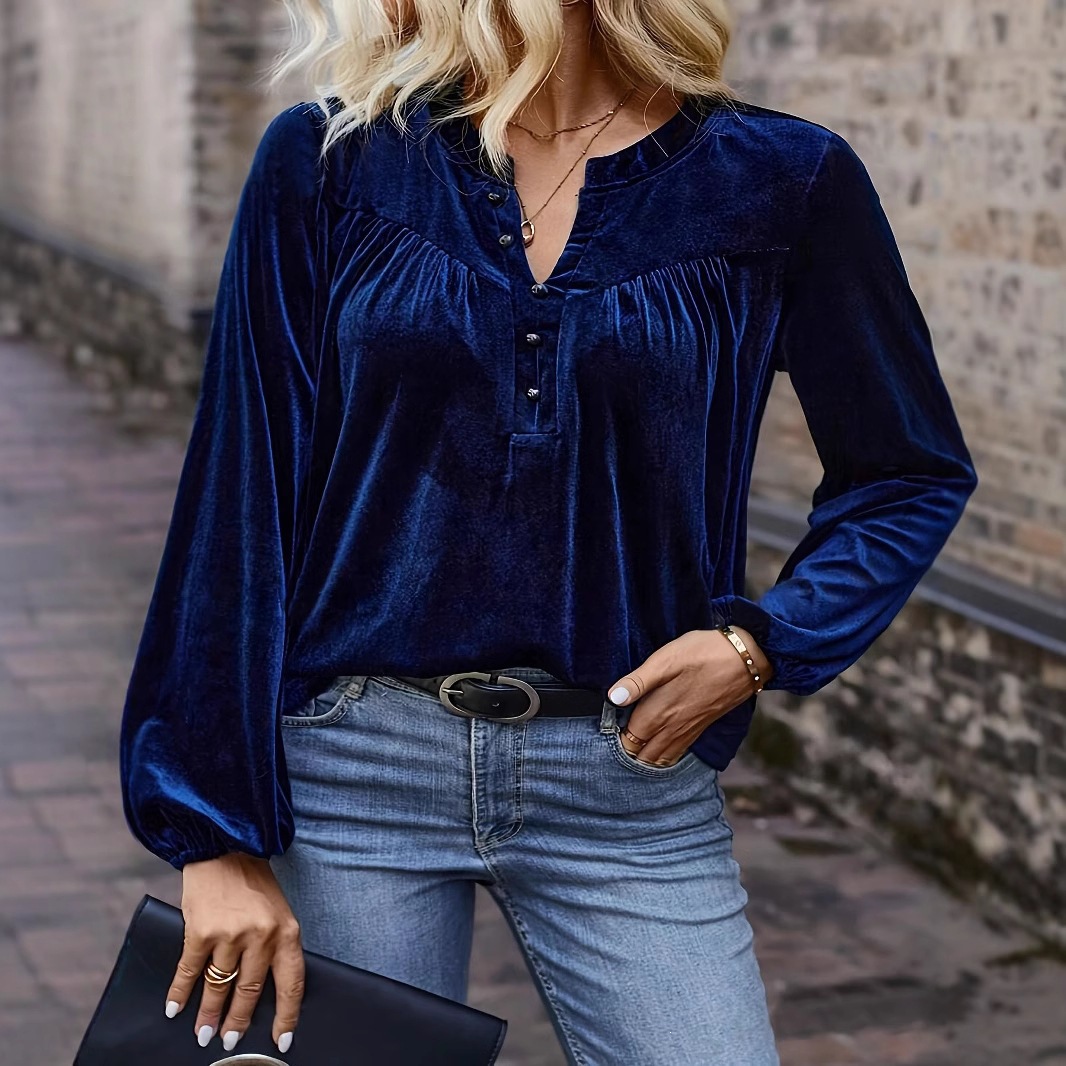 Elegant Long Sleeve Top For Spring & Fall Women's Casual Chic Solid Color Pullover V-Neck
