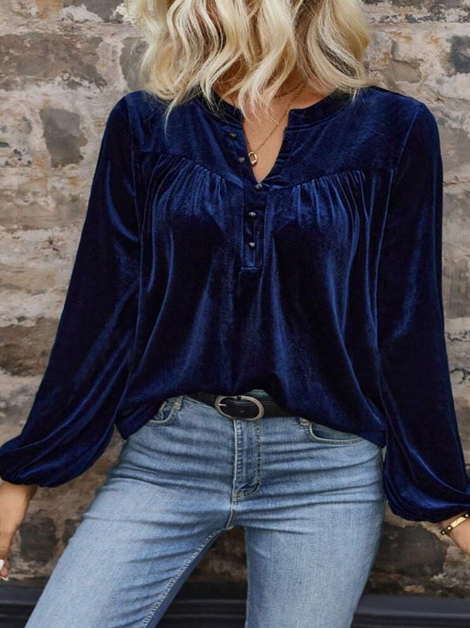 Elegant Long Sleeve Top For Spring & Fall Women's Casual Chic Solid Color Pullover V-Neck