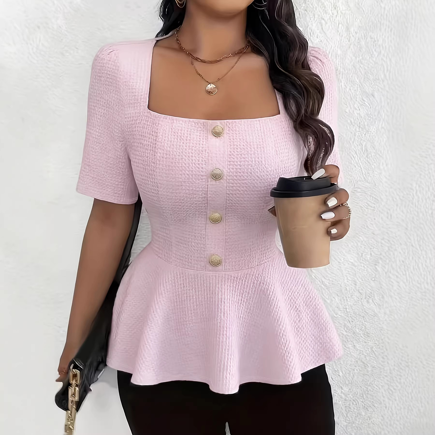 Elegant Square Neck Top With Ruffled Trim And Buttons